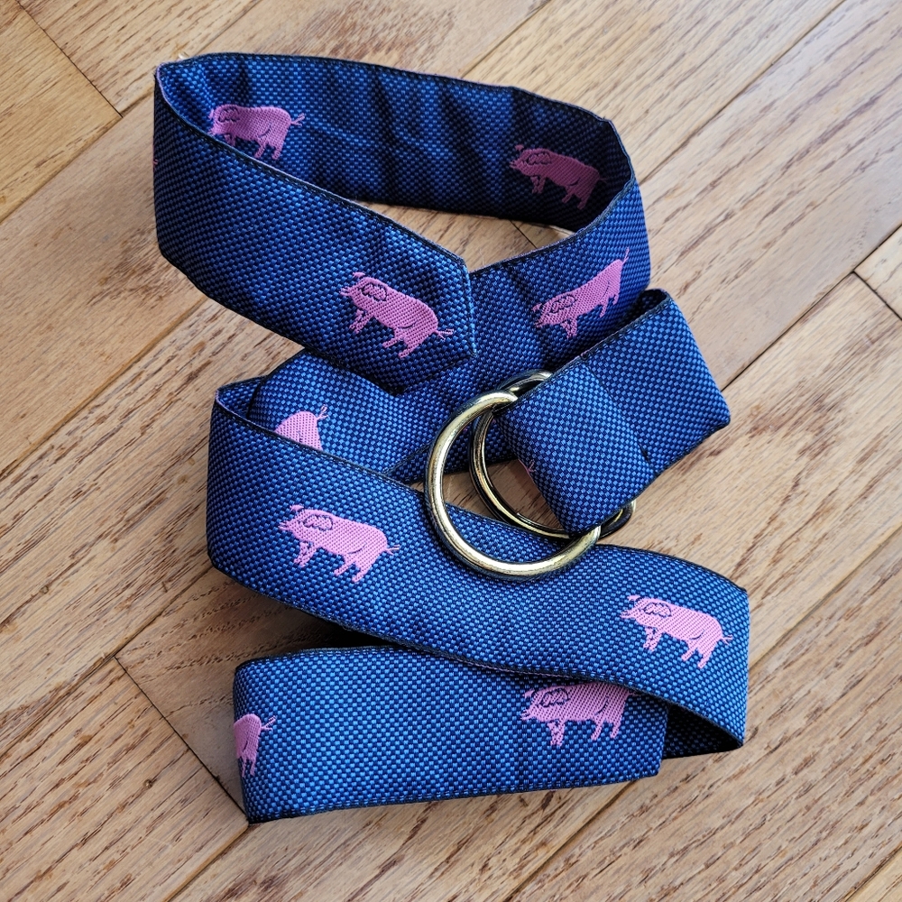 J. McLaughlin Belt D-Ring Embroidered Blue Pink Pig Women's Large 1.5"